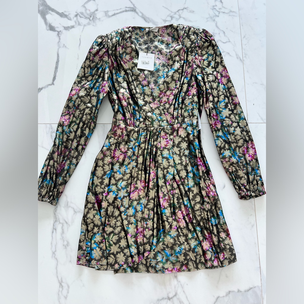 Sandro Lorena Black Gold Metallic Floral Long Sleeve Draped Dress 34